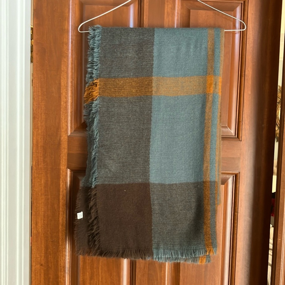 Beautiful, soft acrylic blue/brown/tan  brushed feel scarf. 24” x 36”.